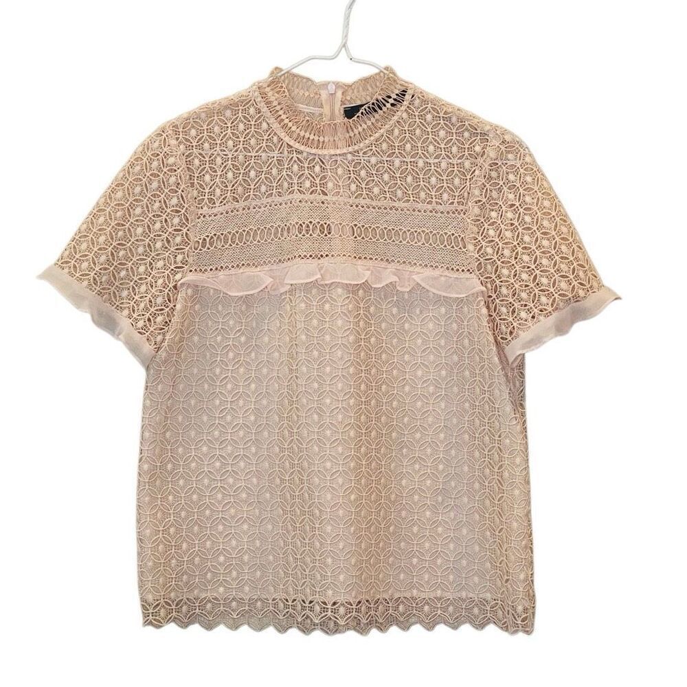 Zara Woman Crochet Lace High Collar Scalloped Trim Cotton Blouse Pink Medium